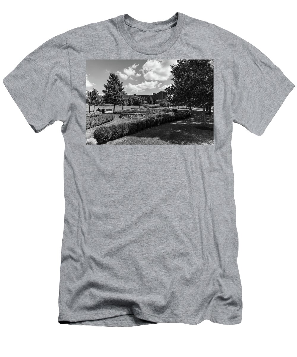 Private College T-Shirt featuring the photograph University of Dayton campus in black and white by Eldon McGraw