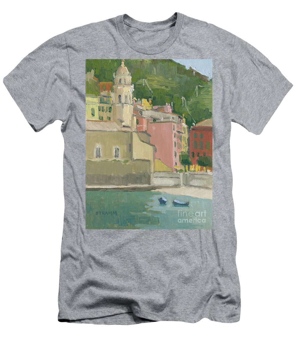 Vernazza T-Shirt featuring the painting Vernazza Harbor, Italy by Paul Strahm