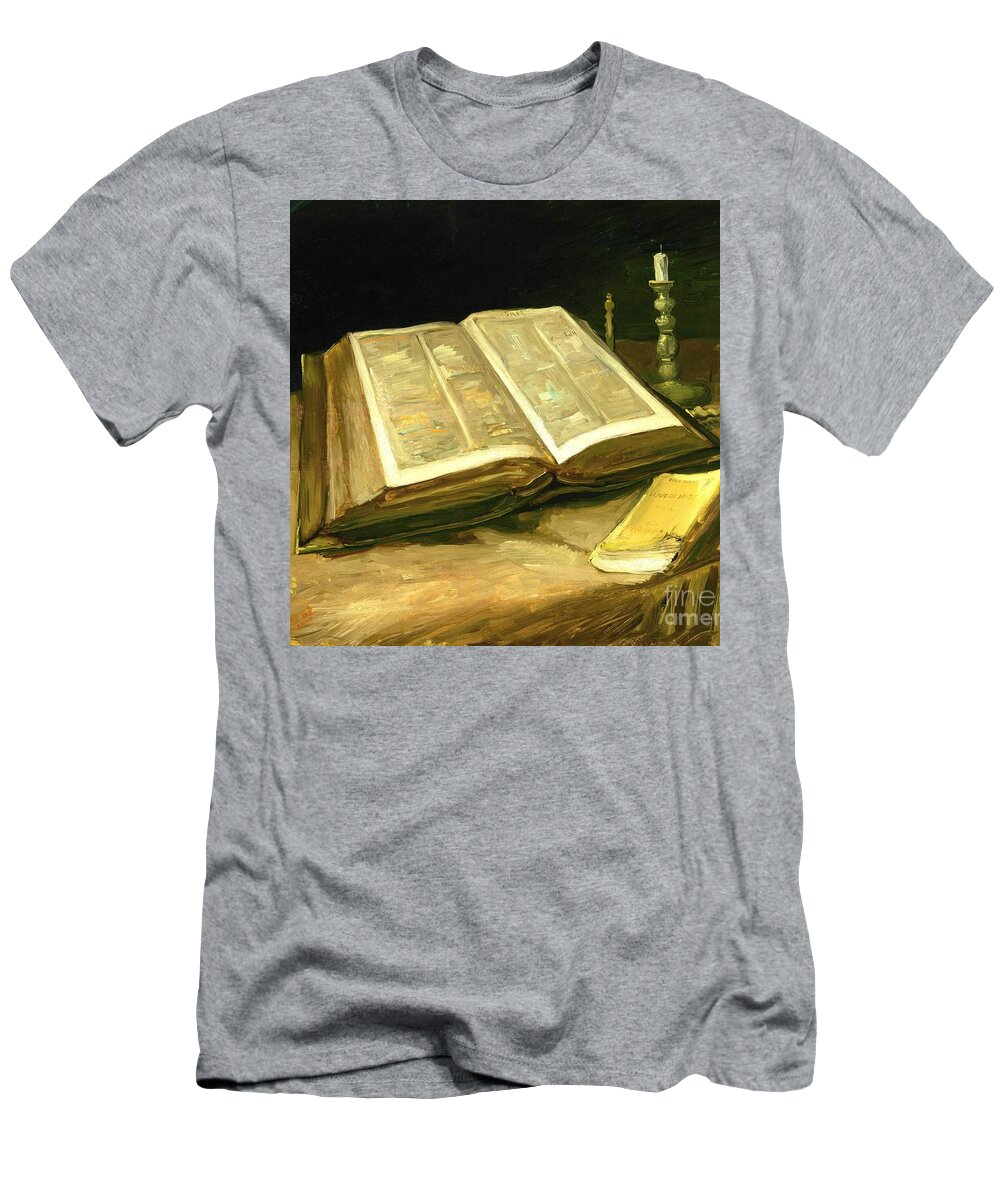 Vincent Van Gogh Still Life With Open Bible T-Shirt featuring the painting Vincent van Gogh - Still Life with Bible by Alexandra Arts