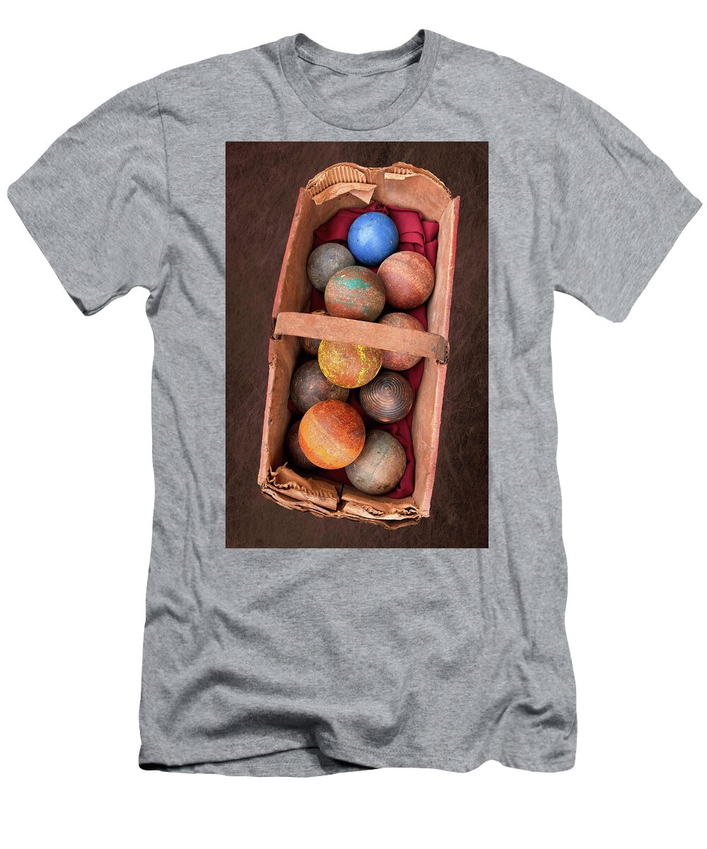 Bocce T-Shirt featuring the photograph Vintage Bocce Balls In Tattered Basket by Gary Slawsky
