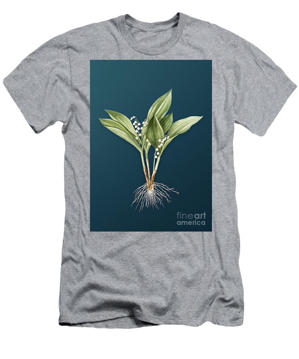 Vintage T-Shirt featuring the painting Vintage Lily of the Valley Botanical Art on Teal Blue n.0599 by Holy Rock Design
