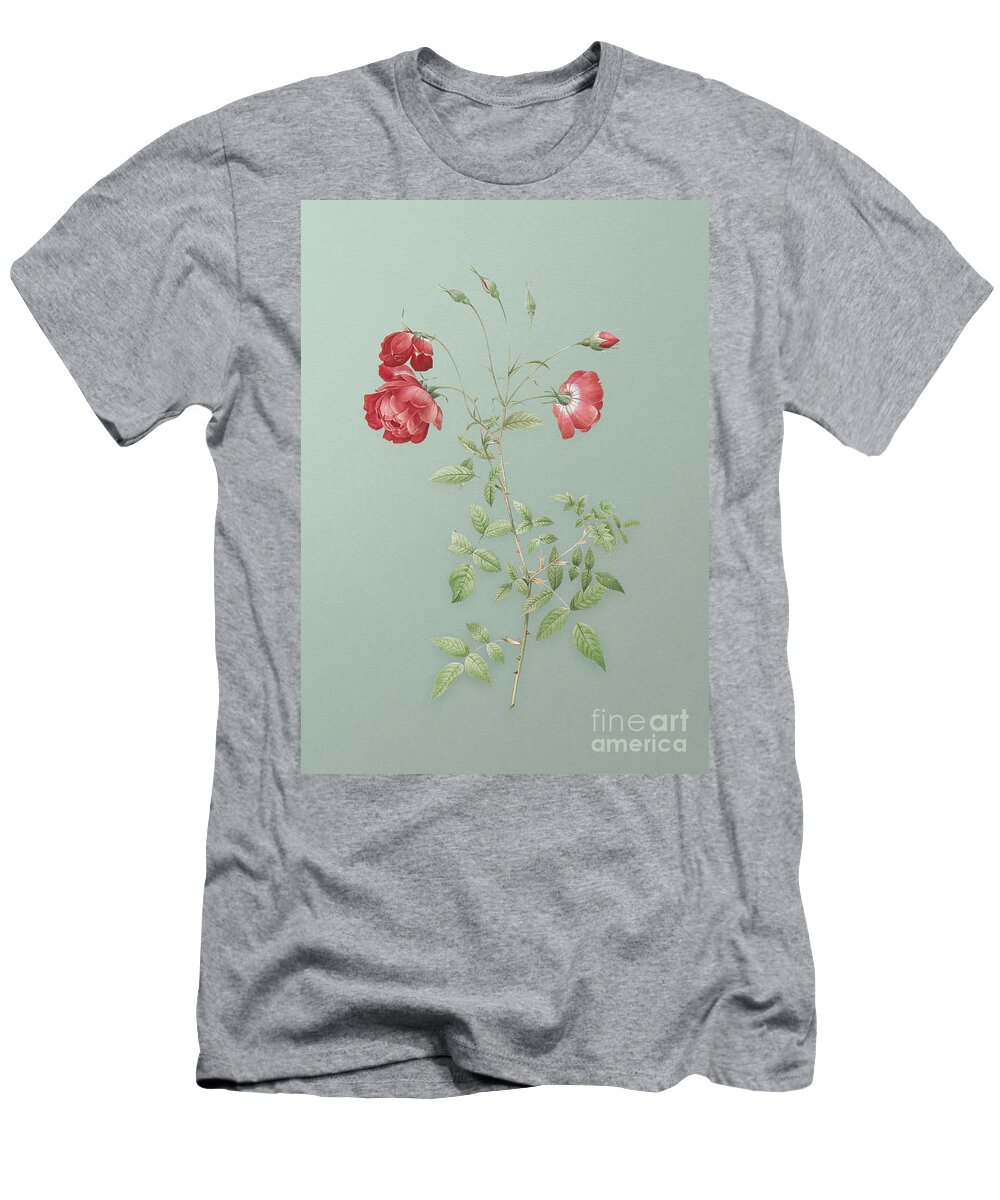 Vintage T-Shirt featuring the mixed media Vintage Red Rose Botanical Art on Mint Green n.0434 by Holy Rock Design