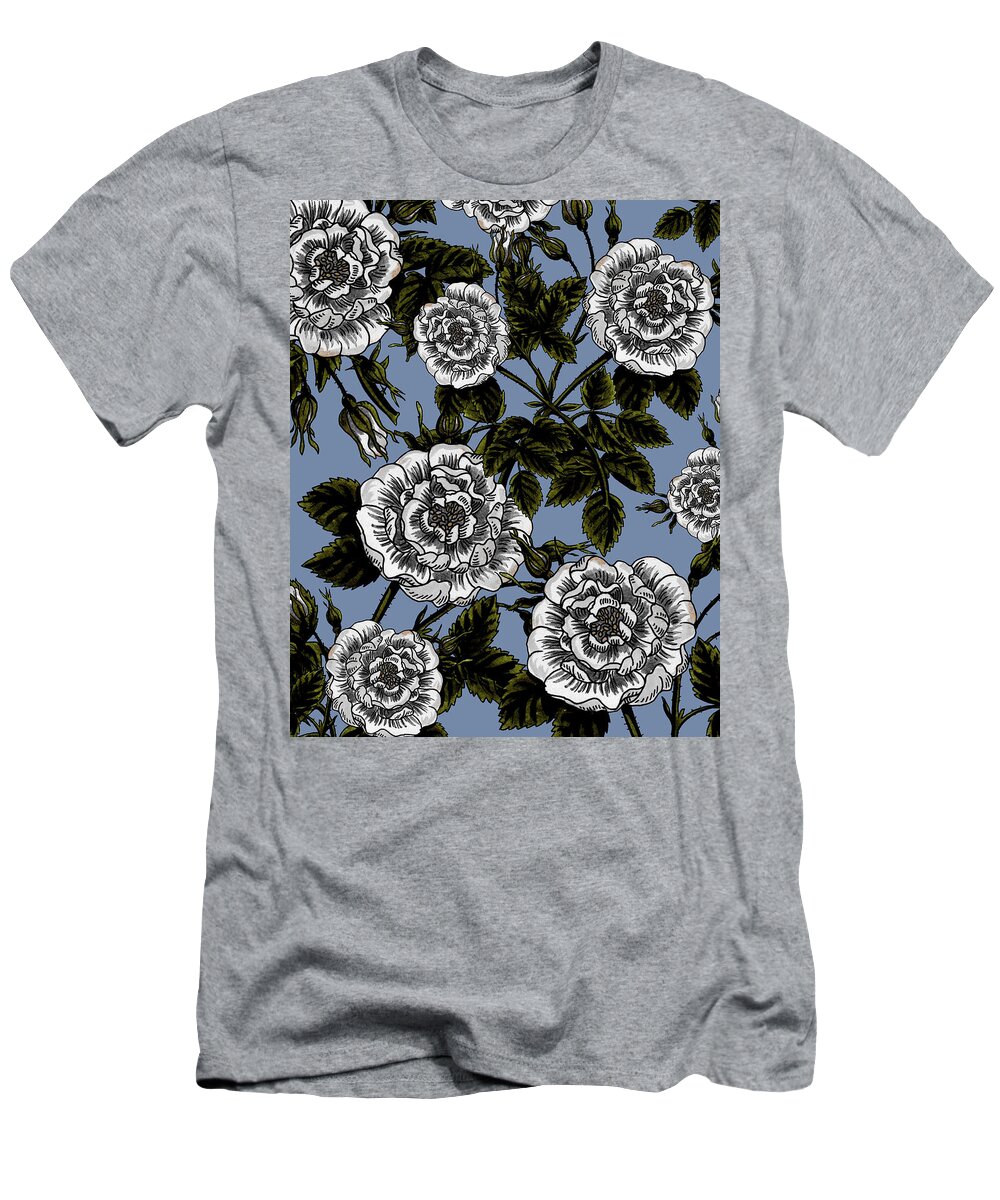 Rose T-Shirt featuring the painting Vintage Roses Black And White Ink Silhouettes Of Flowers On Soft Dusty Blue by Irina Sztukowski