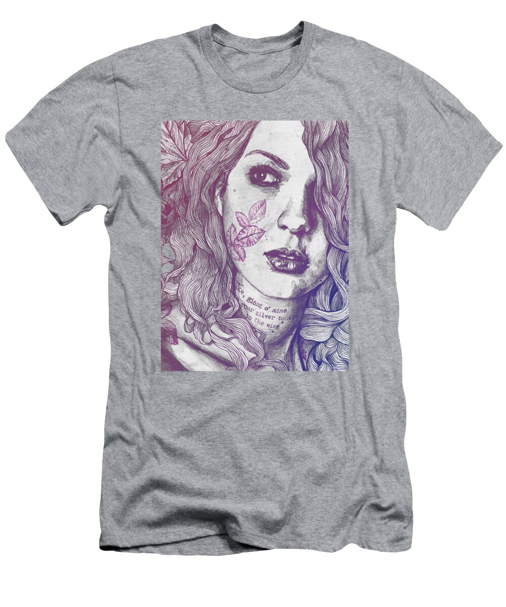 Female Portrait T-Shirt featuring the drawing Wake - Red and Blue - maple leaves tattoo woman portrait by Marco Paludet