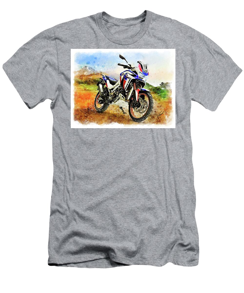 Art T-Shirt featuring the painting Watercolor Africa Twin Adventure motorcycle by Vart by Vart