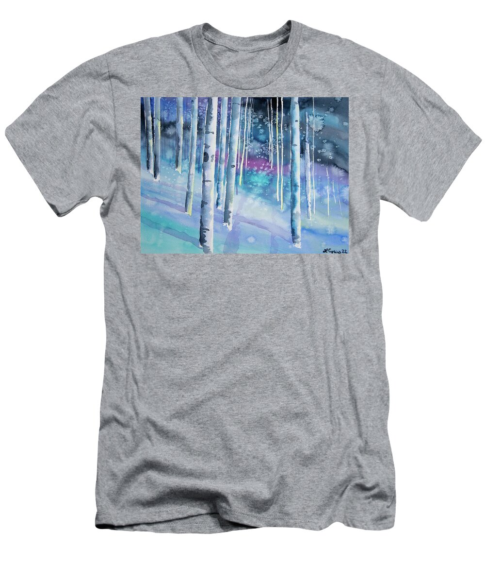 Aspen T-Shirt featuring the painting Watercolor - Aspen on a Snowy Night by Cascade Colors