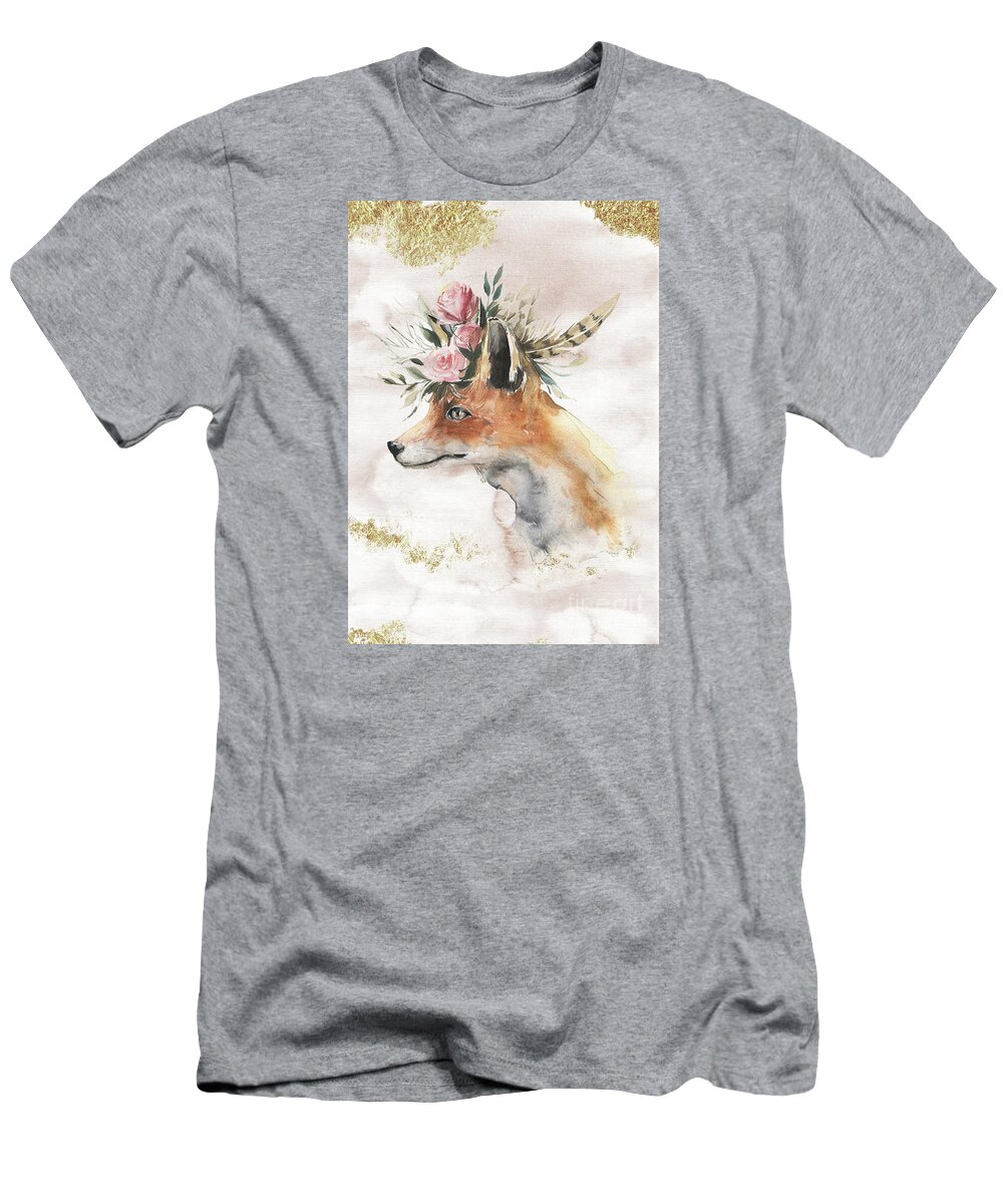 Watercolor Fox T-Shirt featuring the painting Watercolor Fox With Flowers And Gold by Garden Of Delights