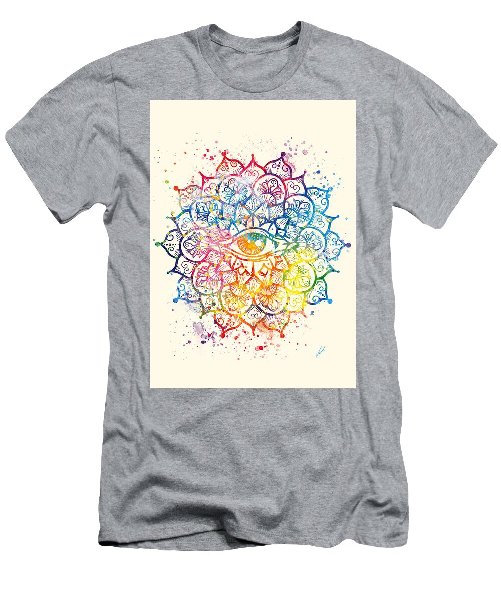 Watercolor T-Shirt featuring the painting Watercolor mandala, EYE of CONSCIOUSNESS by Vart by Vart