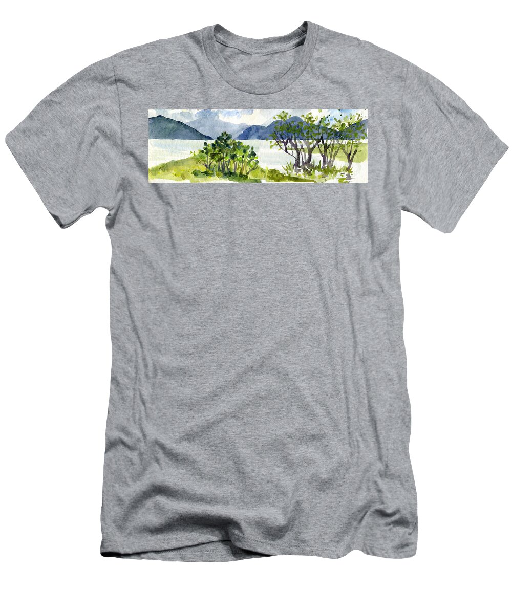 Watercolor T-Shirt featuring the digital art Watercolor Mountain and Lake Landscape Scenery Painting by Sambel Pedes