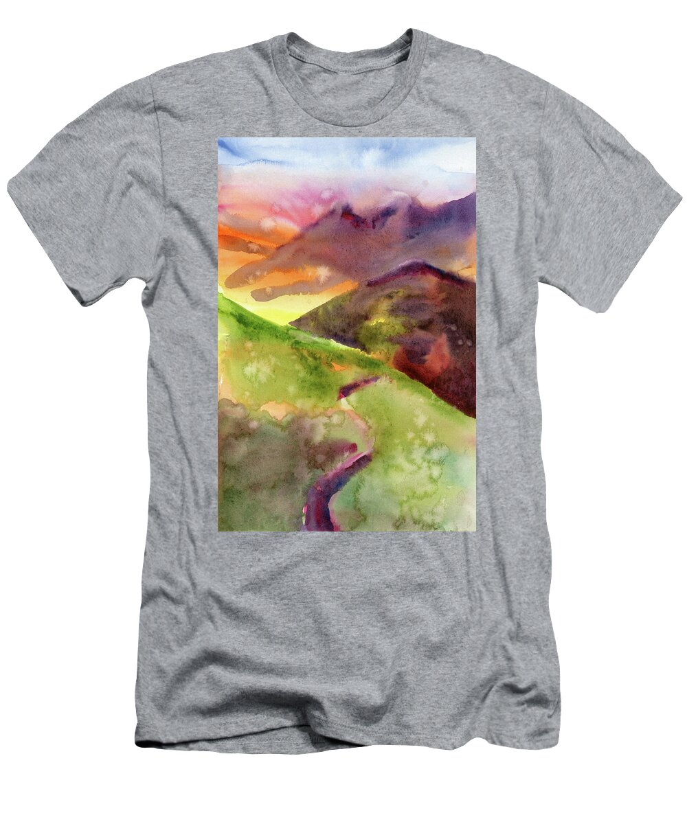 Watercolor T-Shirt featuring the digital art Watercolor Orange Mountain View Painting by Sambel Pedes