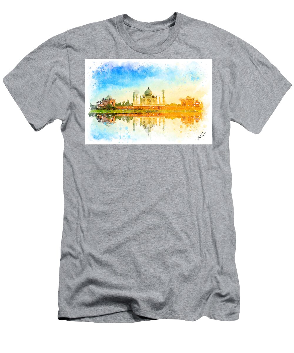 Watercolor T-Shirt featuring the painting Watercolor Tajmahal, India by Vart by Vart Studio