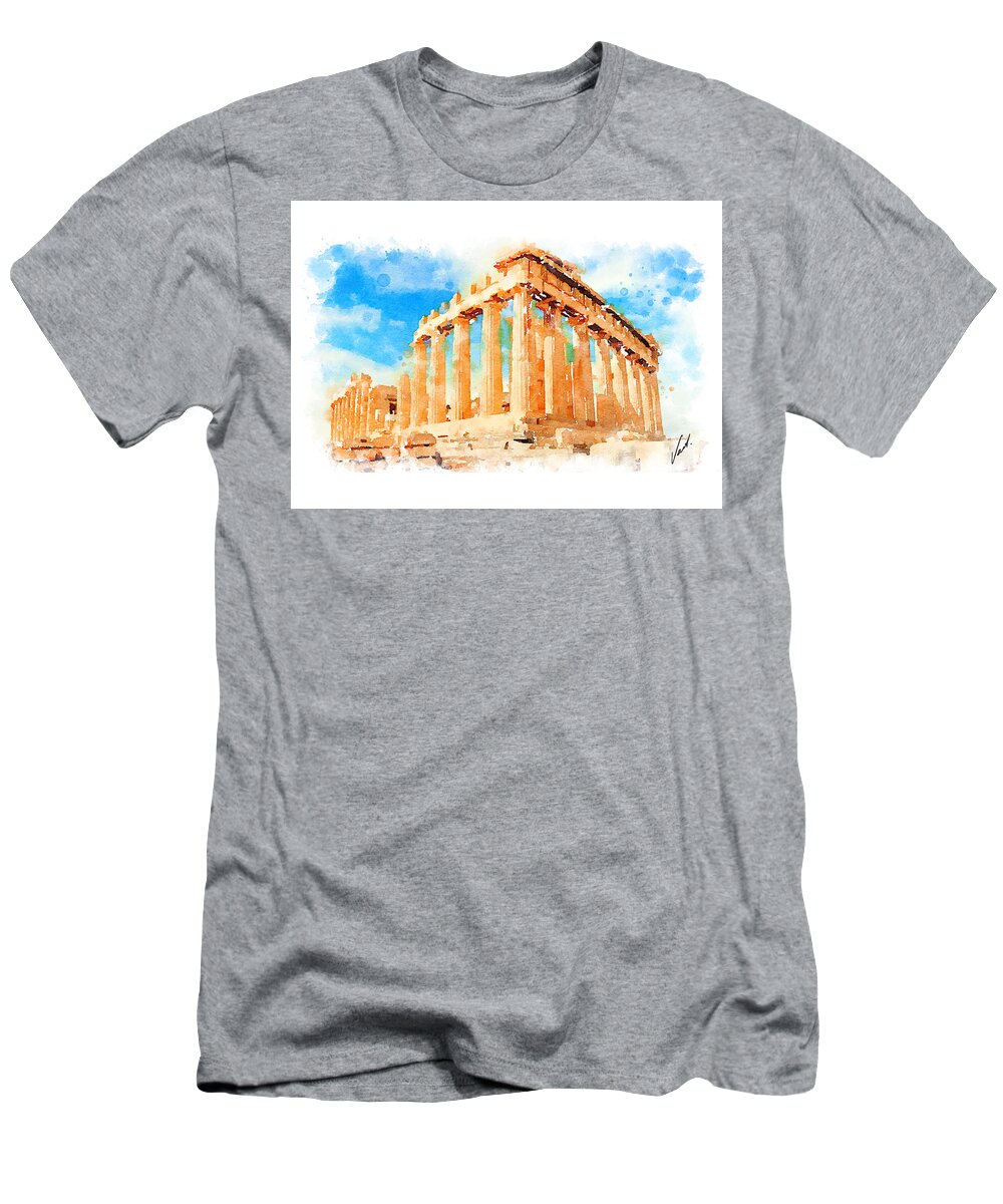 Vart T-Shirt featuring the painting Watercolor. The Parthenon, Greece by Vart by Vart