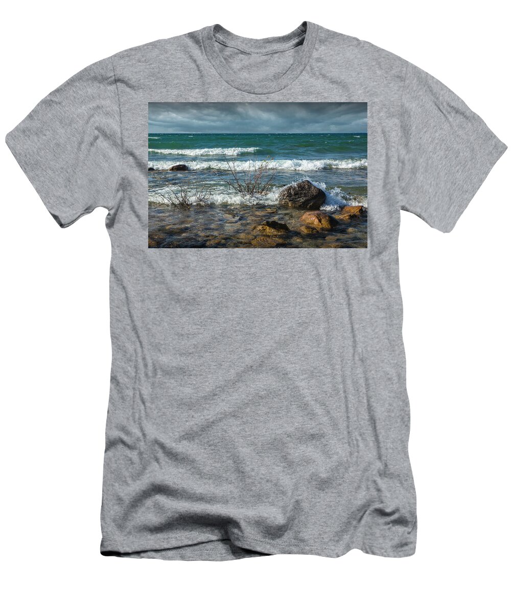 Grand Traverse Bay T-Shirt featuring the photograph Waves coming ashore at Northport Point on Lake Michigan by Randall Nyhof