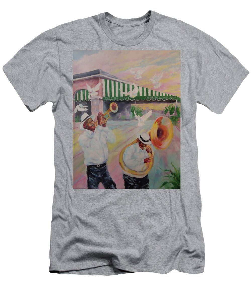 Mardi Gras T-Shirt featuring the painting When the Saints Go Marching In--Cafe Du Monde by ML McCormick