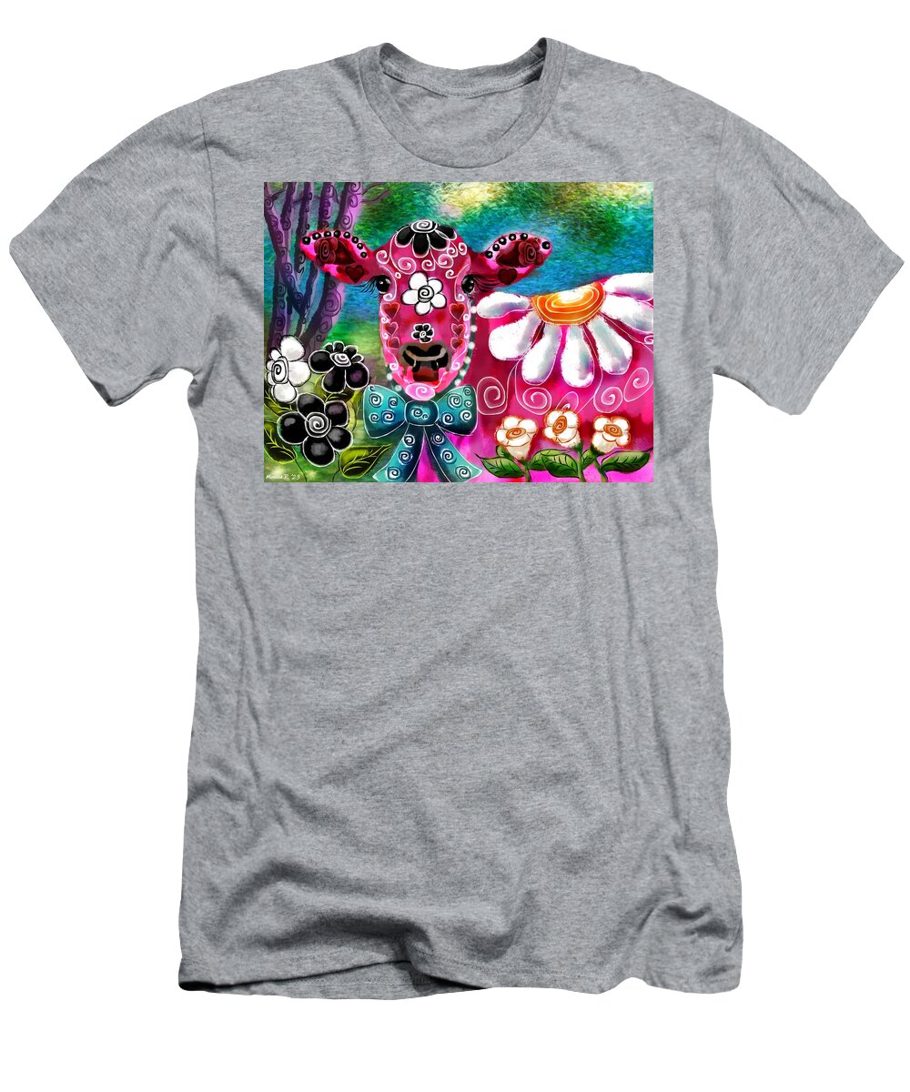 Cow T-Shirt featuring the digital art Whimsical Betsy The Pink Cow by Monica Resinger