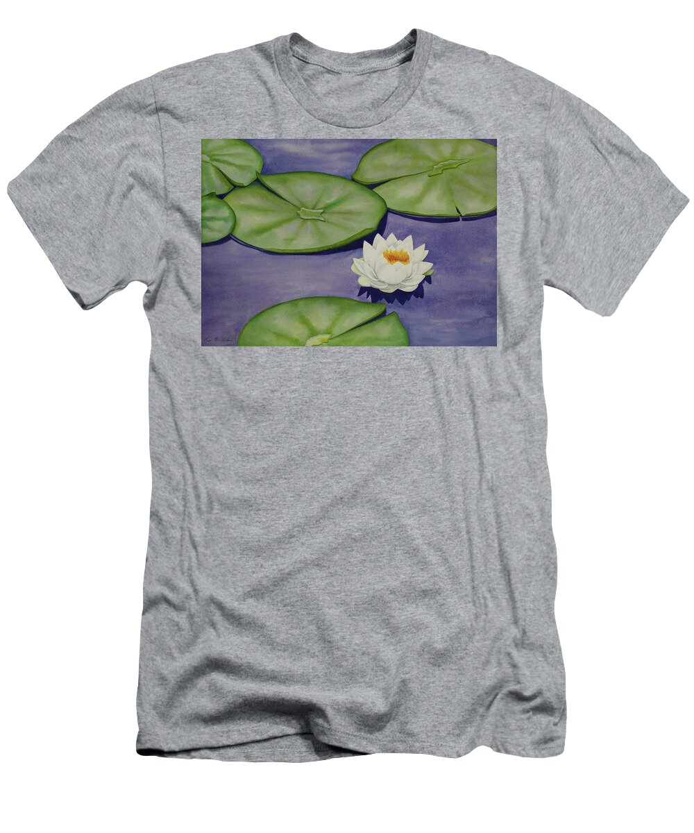 Kim Mcclinton T-Shirt featuring the painting White Lotus and Lily Pad Pond by Kim McClinton