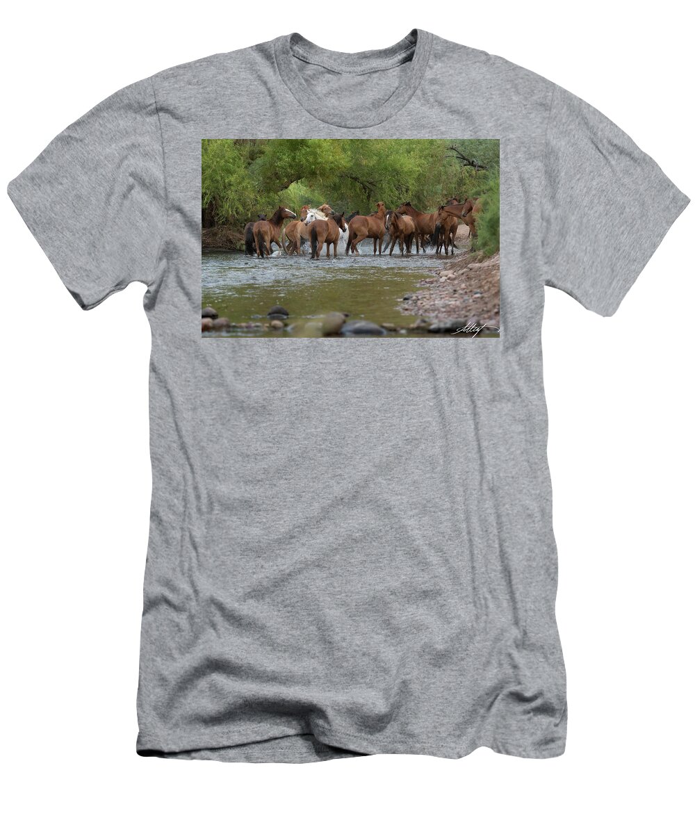 Wild Horses T-Shirt featuring the photograph White Stallion Charging Through by Meg Leaf