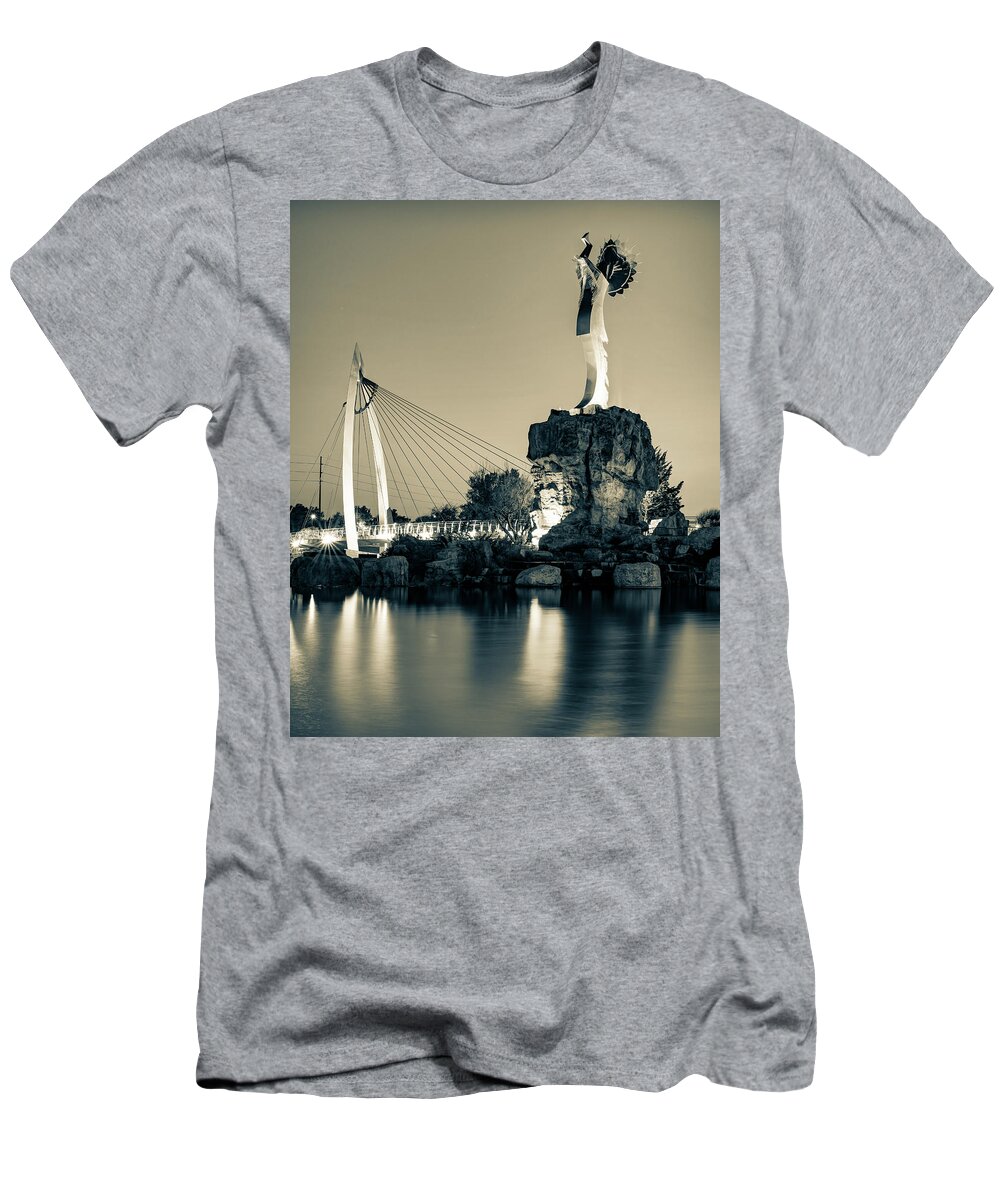 Wichita Kansas T-Shirt featuring the photograph Wichita's Keeper of The Plains Sculpture - Sepia Edition by Gregory Ballos
