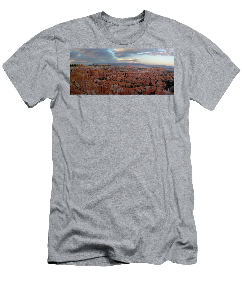 2016 T-Shirt featuring the photograph Wide panorama of Bryce Canyon at twilight in spring. by Jean-Luc Farges