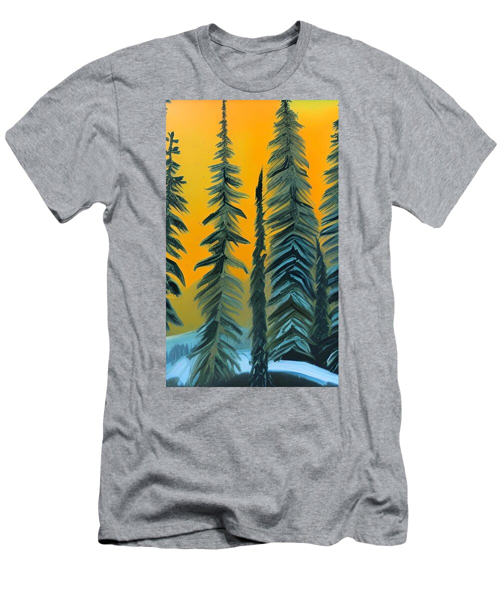Evergreens T-Shirt featuring the painting Winter Evergreens at Daybreak by Bonnie Bruno