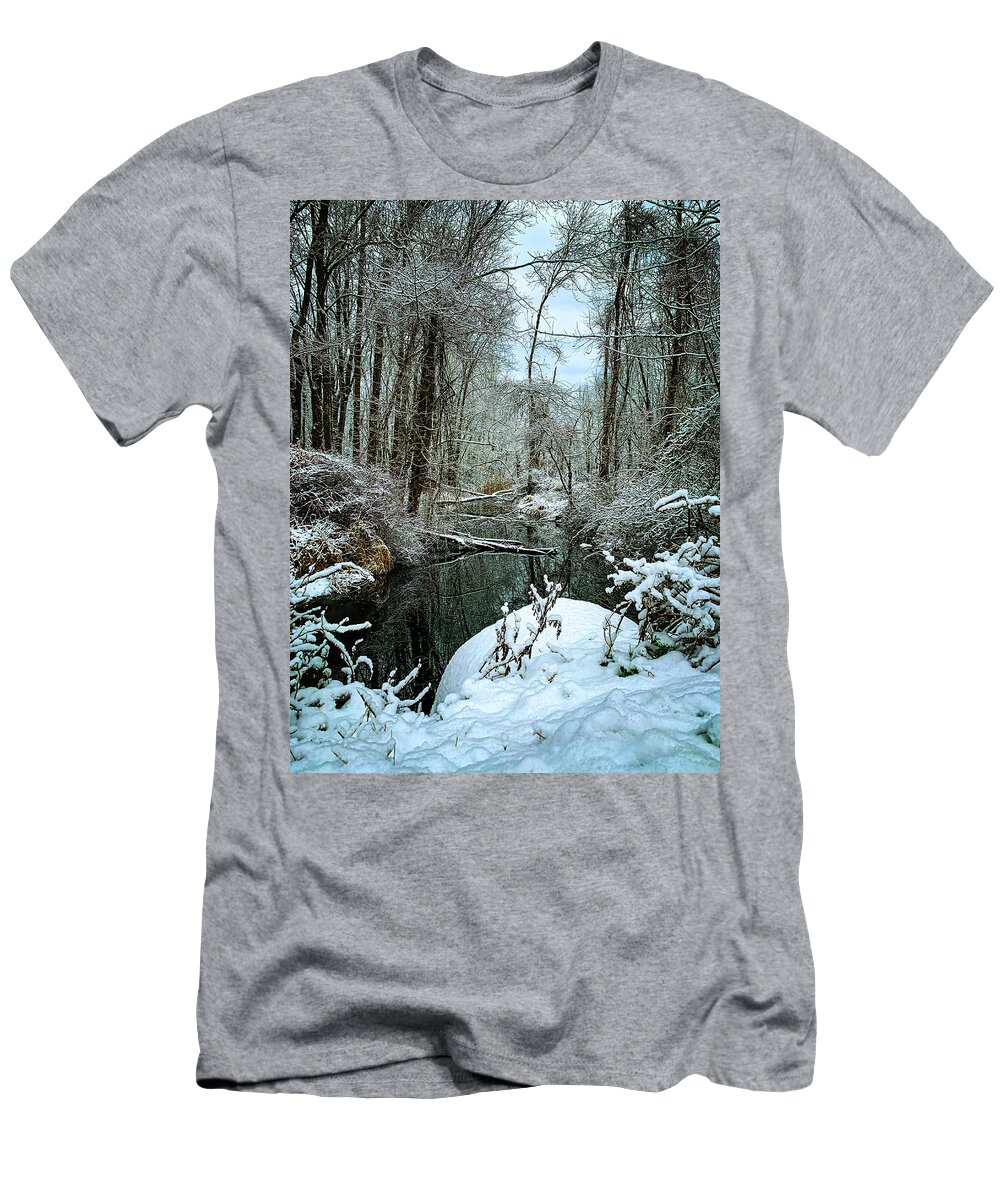 Creek T-Shirt featuring the photograph Winter on the creek by Jim Feldman