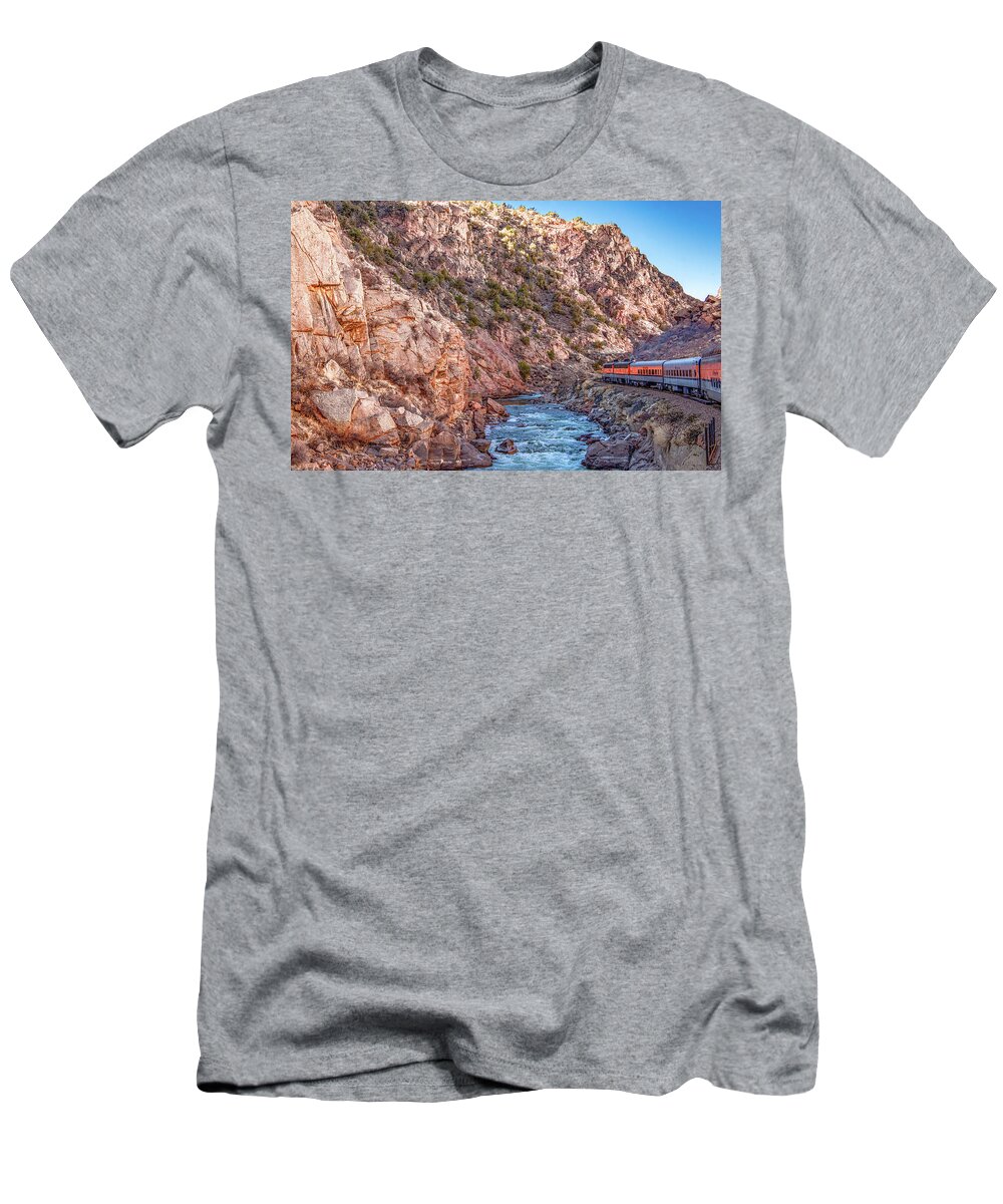 Royal Gorge T-Shirt featuring the photograph Winter Train Adventure Through the Royal Gorge by Marcy Wielfaert