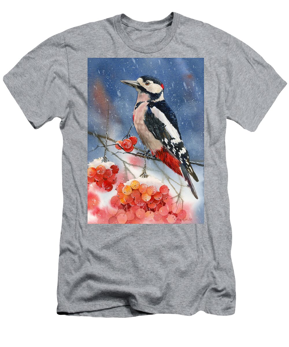 Bird T-Shirt featuring the painting Winter Woodpecker by Espero Art