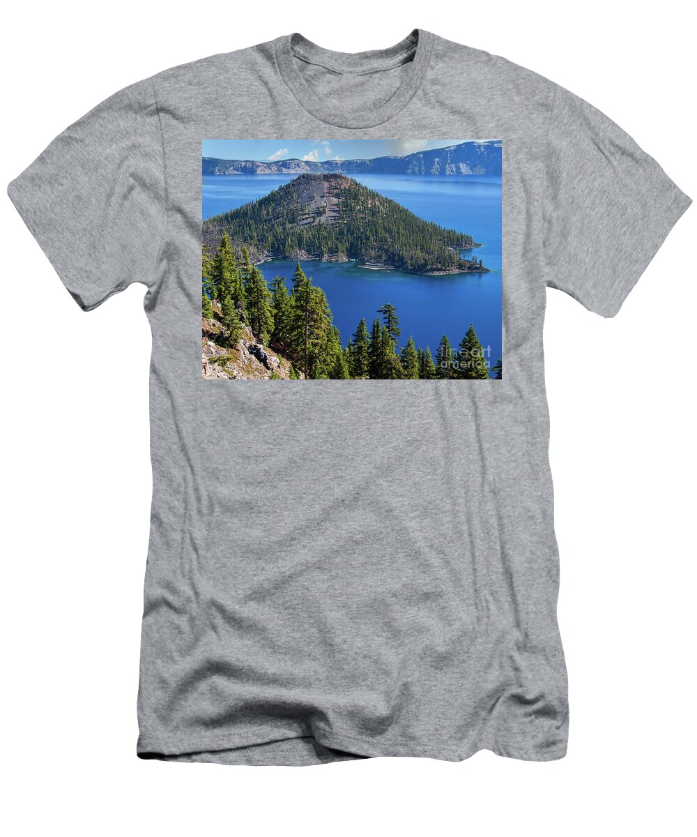 Lake T-Shirt featuring the digital art Wizard Island In Crater Lake by Kirt Tisdale