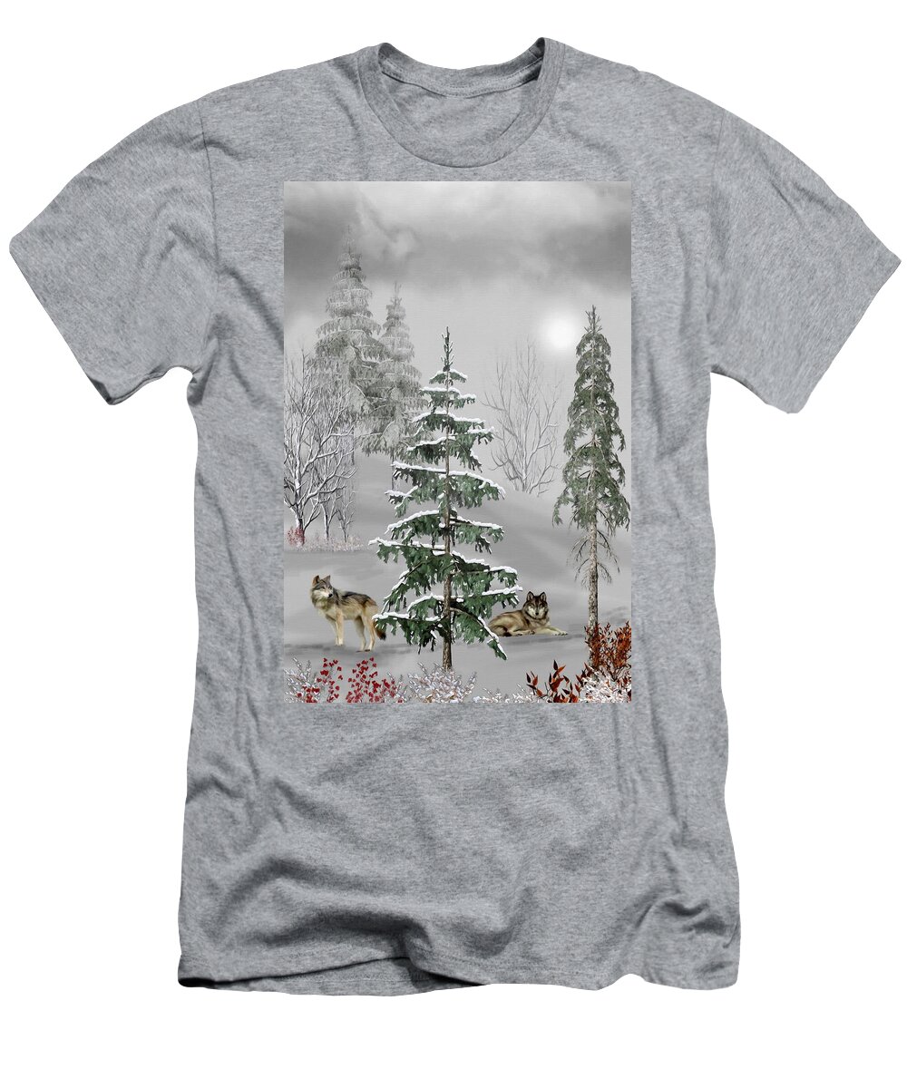 Wolf T-Shirt featuring the mixed media Wolves In The Winter Forest Color by David Dehner