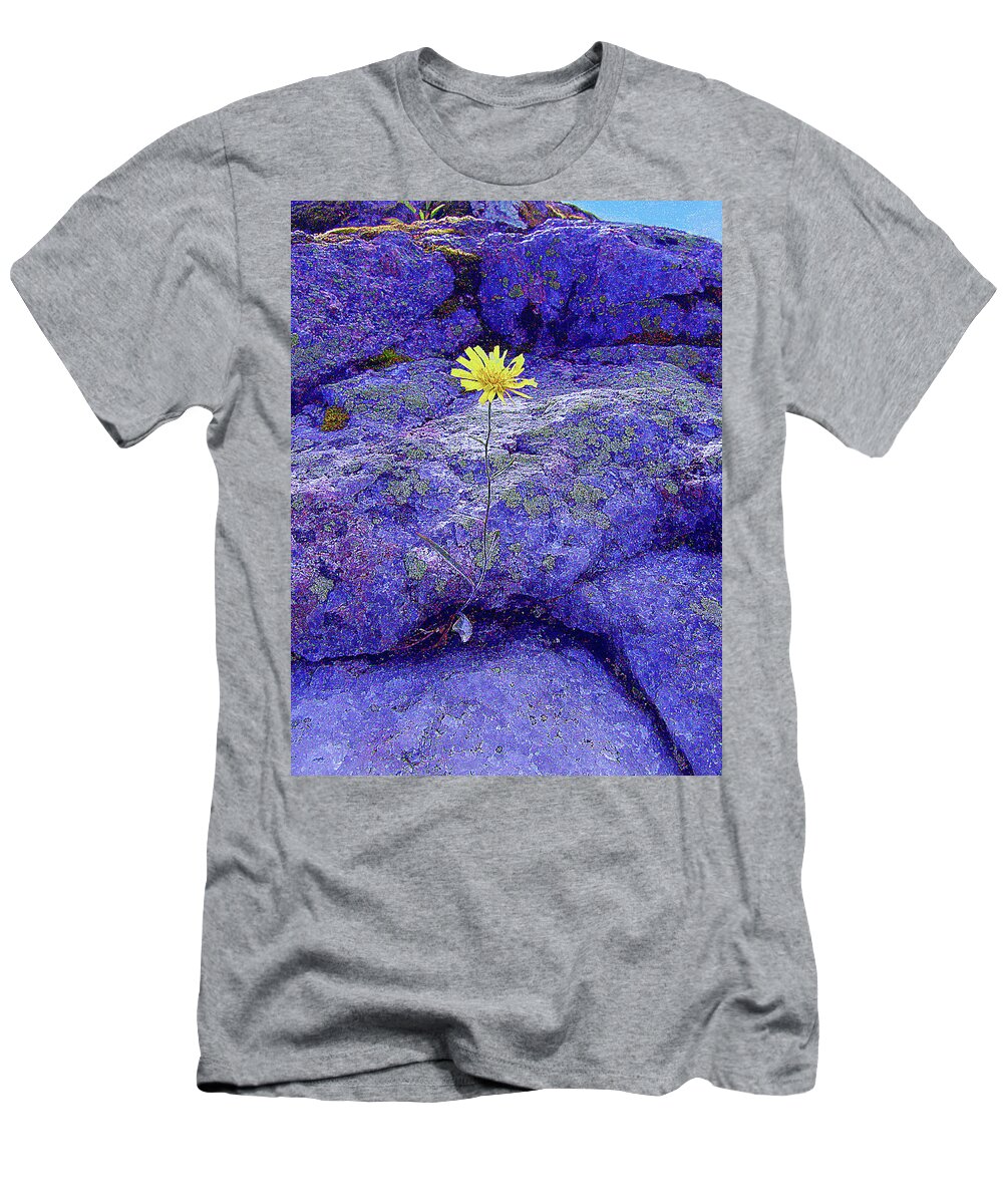 Yellow Flower T-Shirt featuring the mixed media Yellow Flower in the Blue Rocks by Alex Mir