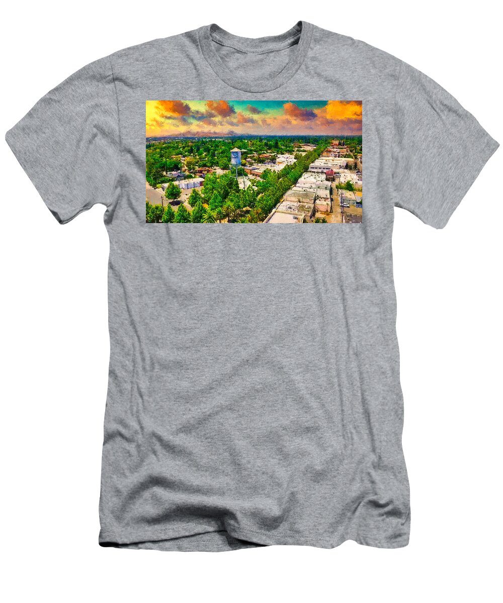 Yuba City T-Shirt featuring the digital art Yuba City and the water tower, California - digital painting by Nicko Prints