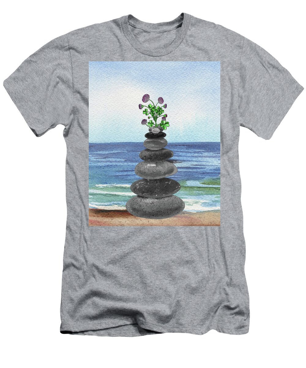 Cairn Rocks T-Shirt featuring the painting Zen Rocks Cairn Meditative Tower And Lucky Clover Flower Watercolor by Irina Sztukowski