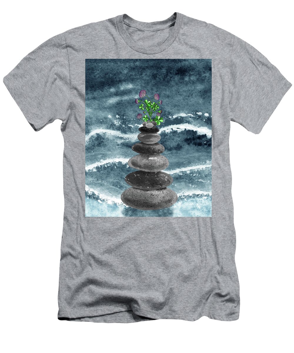 Zen Rocks T-Shirt featuring the painting Zen Rocks Cairn Meditative Tower Lucky Clover Flowers Watercolor by Irina Sztukowski