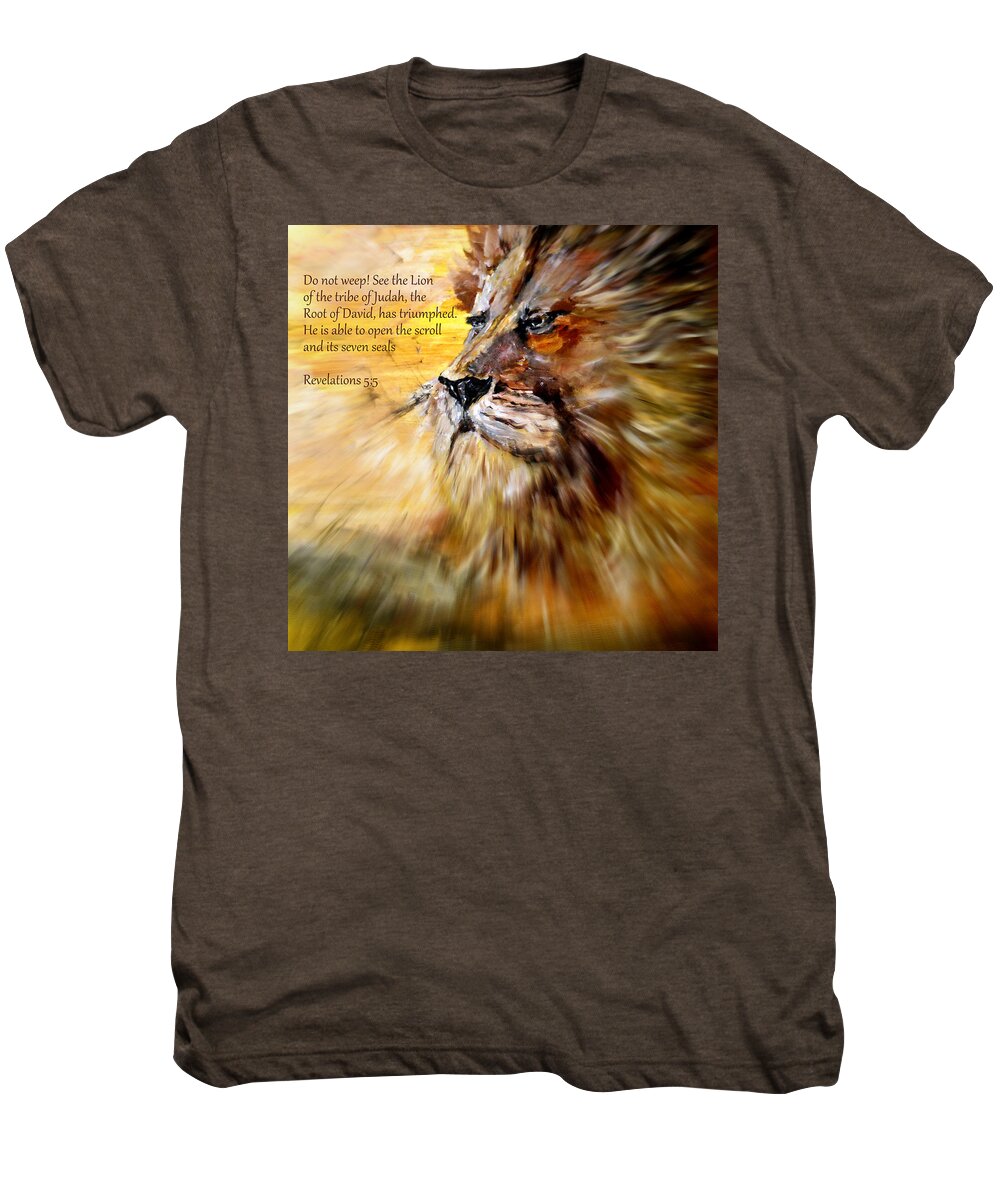 Then One Of The Elders Said To Me Men's Premium T-Shirt featuring the painting Lion of Judah Courage #1 by Amanda Dinan