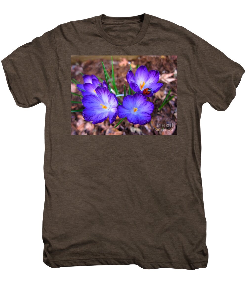Crocus Men's Premium T-Shirt featuring the photograph Crocus Flowers and Ladybug by Debra Thompson