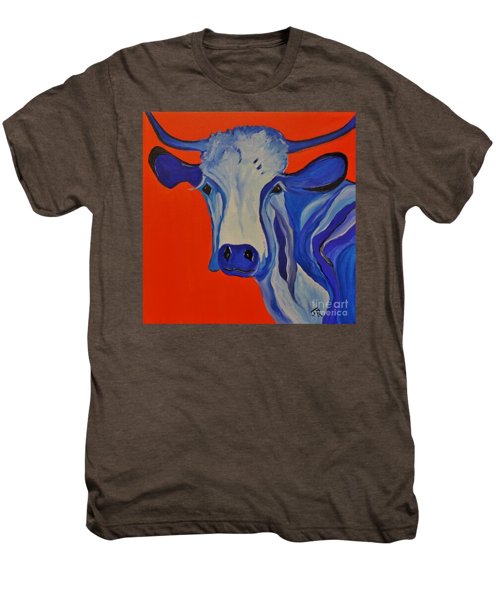 Cow Men's Premium T-Shirt featuring the painting How Now Blue Cow by Janice Pariza