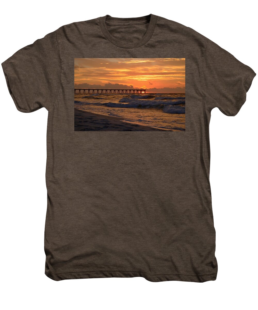 Navarre Pier Men's Premium T-Shirt featuring the photograph Navarre Pier at Sunrise with Waves by Jeff at JSJ Photography