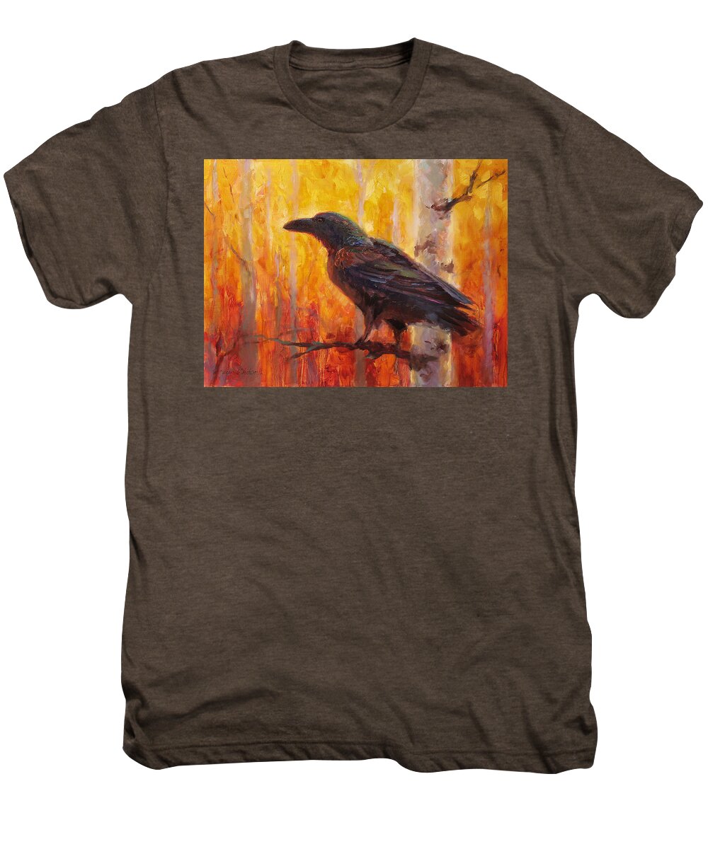 Alaska Men's Premium T-Shirt featuring the painting Raven Glow Autumn Forest of Golden Leaves by K Whitworth