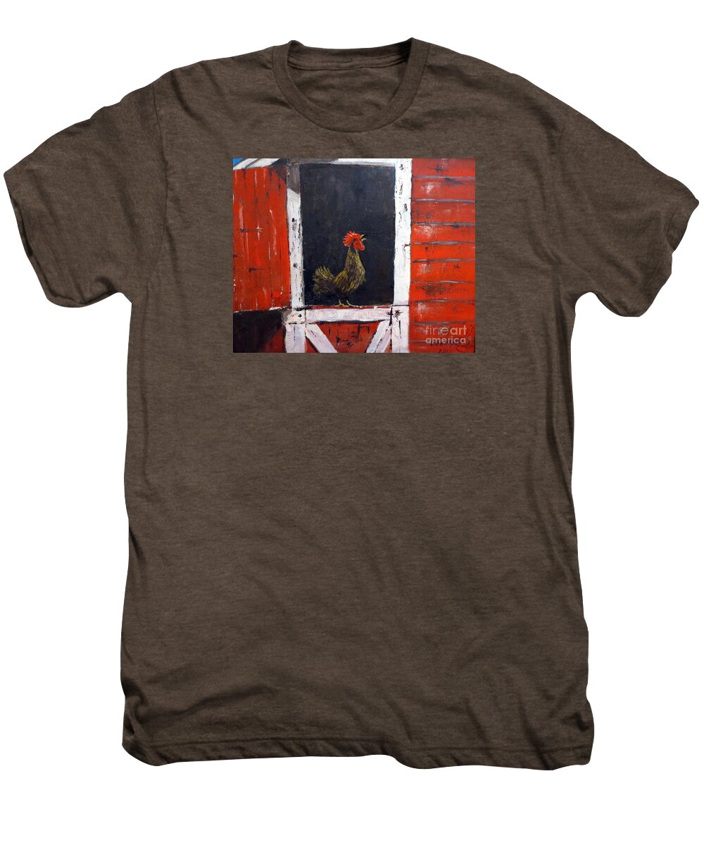 Rooster Painting Men's Premium T-Shirt featuring the painting Rooster In Window by Lee Piper