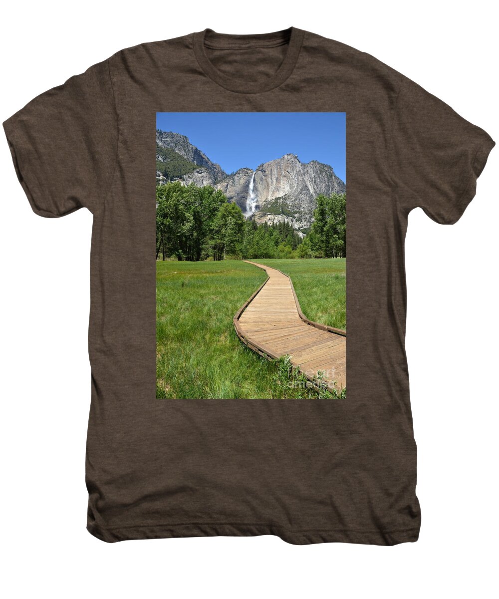 Yosemite National Park Men's Premium T-Shirt featuring the photograph Upper Yosemite Falls and Boardwalk by Debra Thompson