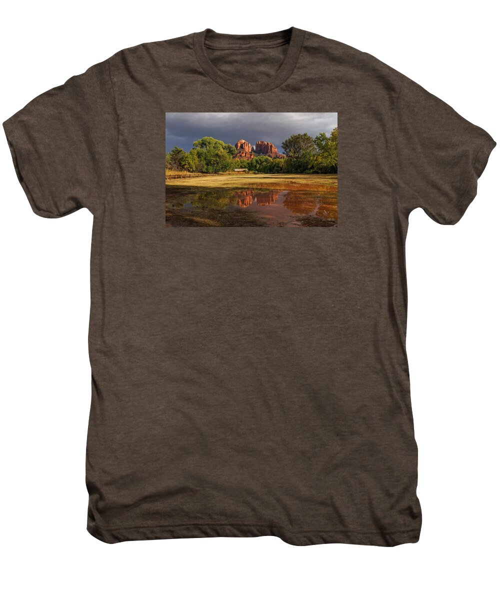 Cathedral Rock Men's Premium T-Shirt featuring the photograph A Light in Darkness by Leda Robertson