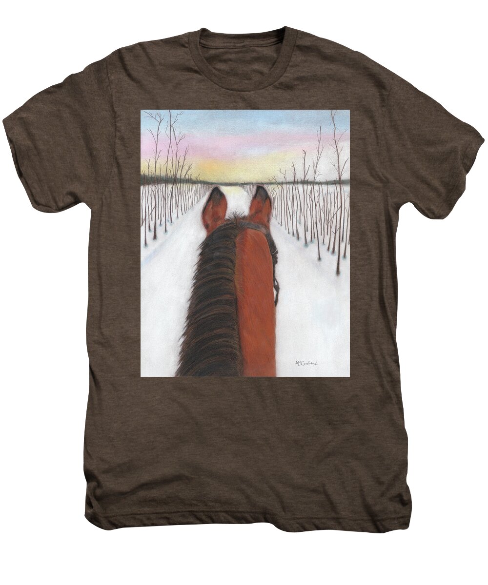 Horse Men's Premium T-Shirt featuring the drawing Long Cold Ride by Arlene Crafton