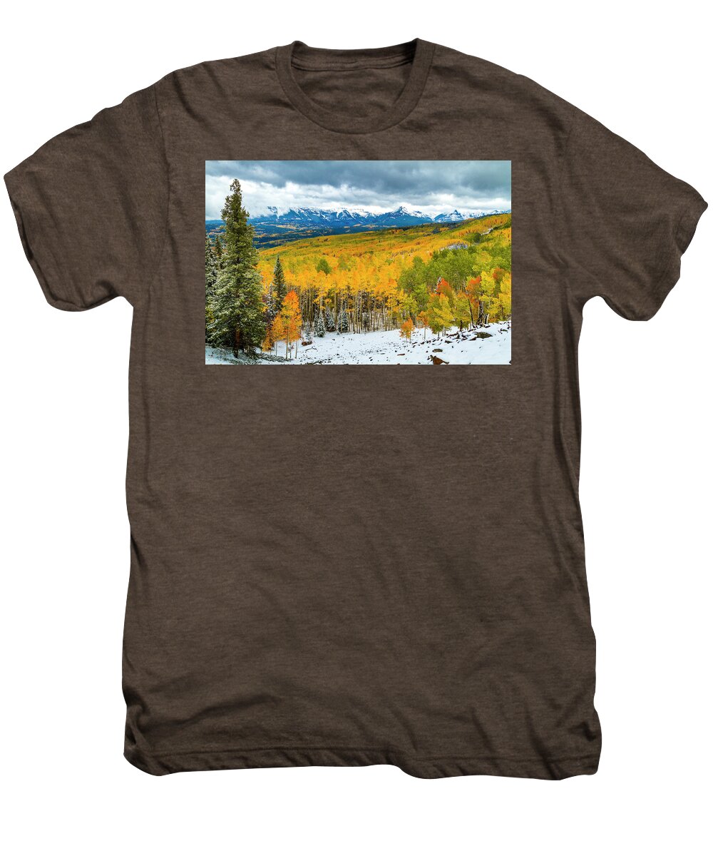 Aspen Trees Men's Premium T-Shirt featuring the photograph Colorado Valley of Autumn Color by Teri Virbickis