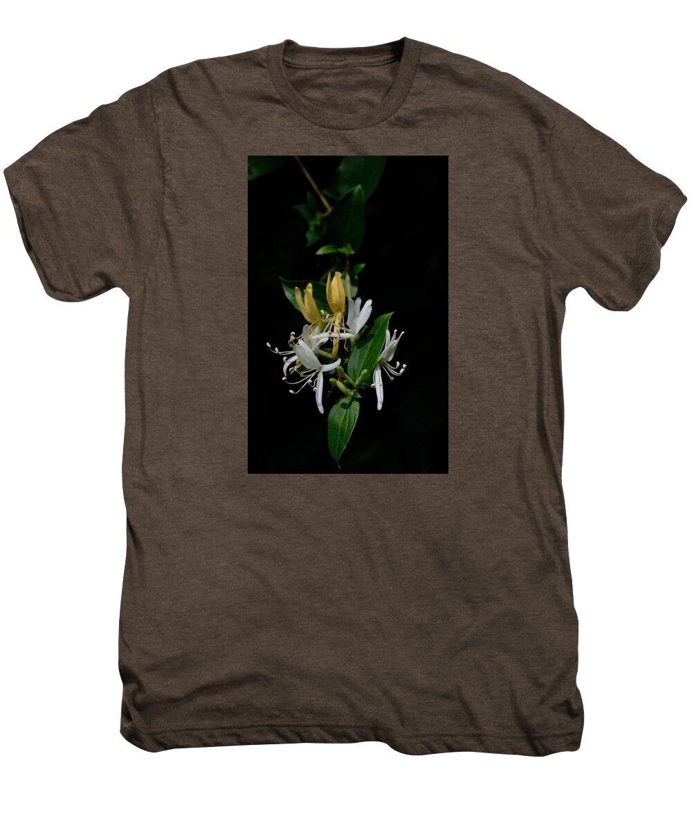 A Cluster Of Honeysuckle Providing Its Sweet Fragrance. Men's Premium T-Shirt featuring the photograph Fragrant Honeysuckle by Karen Harrison Brown