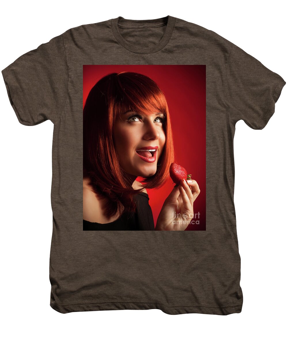 Adult Men's Premium T-Shirt featuring the photograph Joyful girl with strawberry by Anna Om