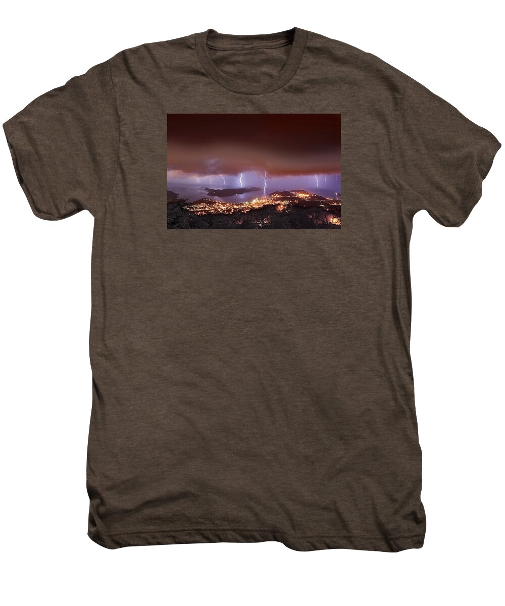 Lightning Men's Premium T-Shirt featuring the photograph Lightning Over Water Island by Gary Felton