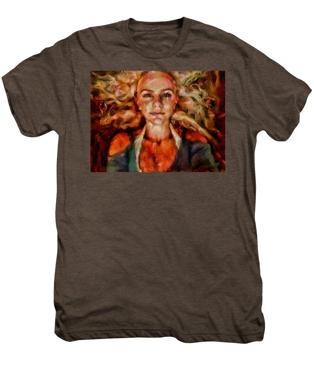 Portrait Of Female Men's Premium T-Shirt featuring the painting Portrait of female with hair billowing everywhere in radiant unsmiling sharp features golden warm colors and upturned nose curls and aliens of the departure by MendyZ