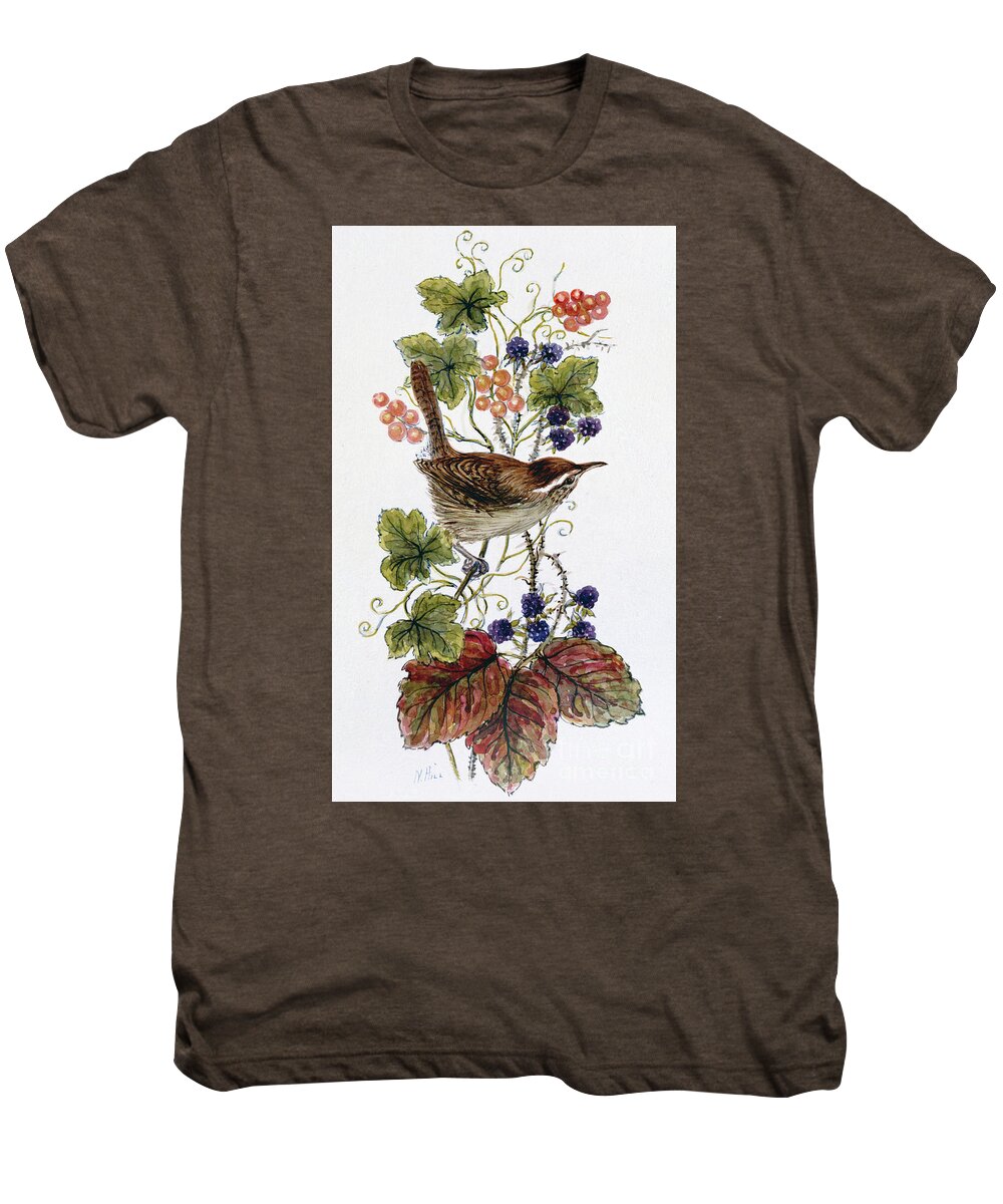 Wren Men's Premium T-Shirt featuring the painting Wren on a spray of berries by Nell Hill