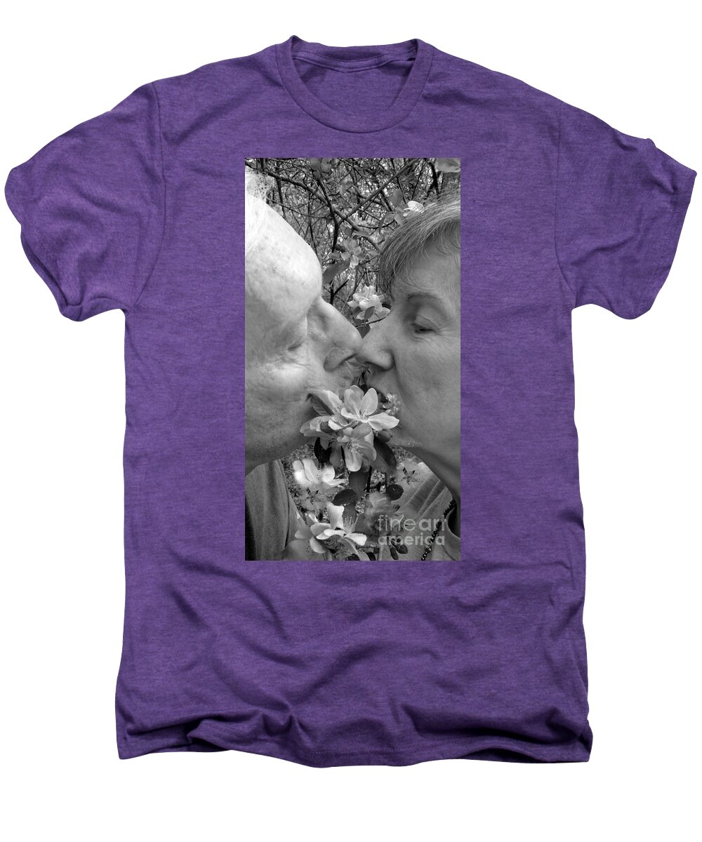 Funky Men's Premium T-Shirt featuring the photograph A Kiss Behind The Flowers by Renee Trenholm