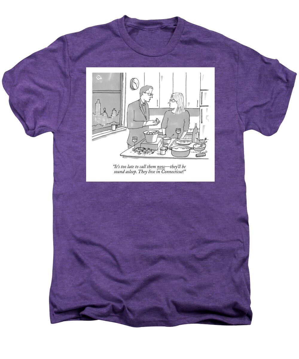 New York Men's Premium T-Shirt featuring the drawing A Man And Wife Stand In The Kitchen by Michael Crawford